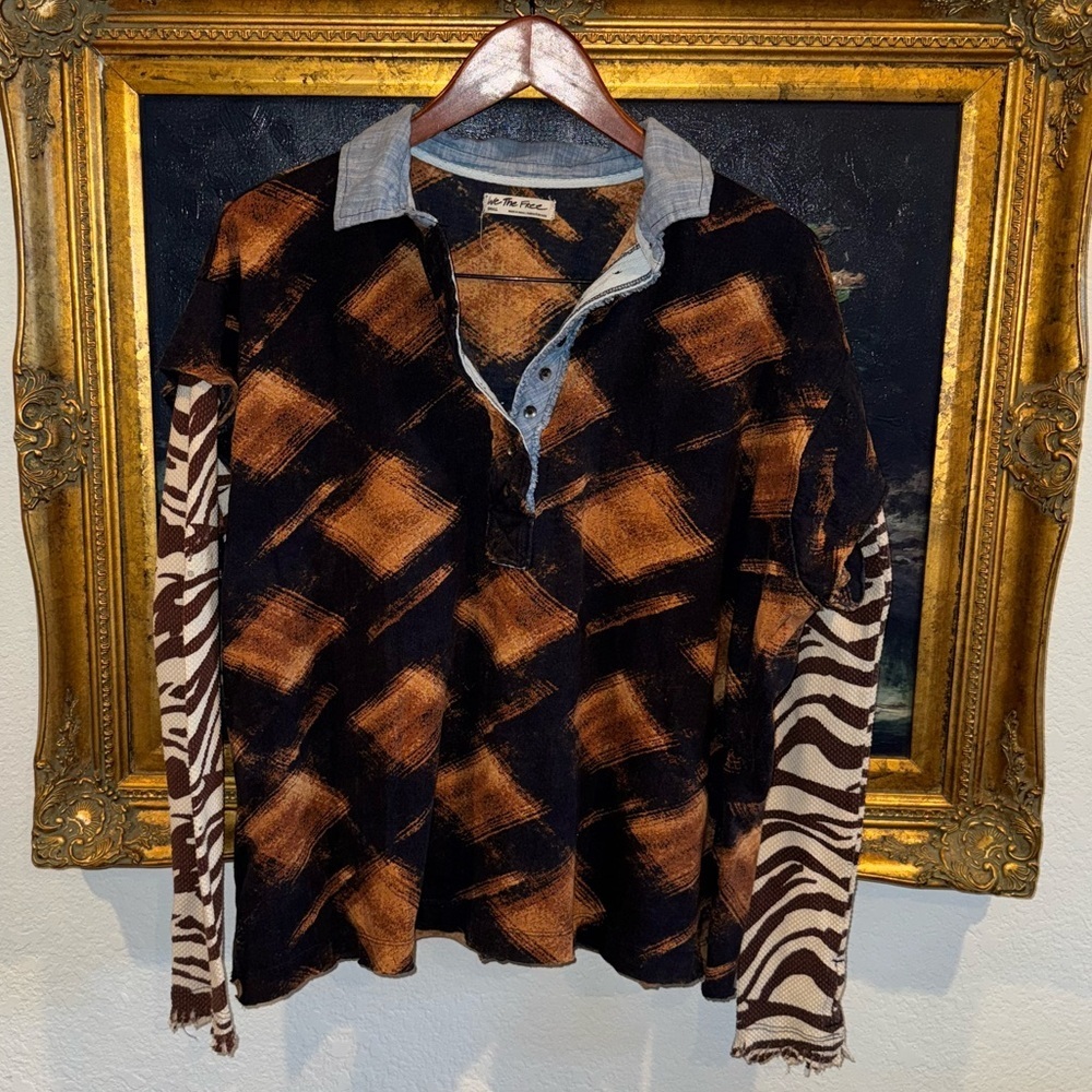 We the Free Statement Gone Rogue Mixed Print Long Sleeve Henley Top Size Small - Picture 2 of 6
